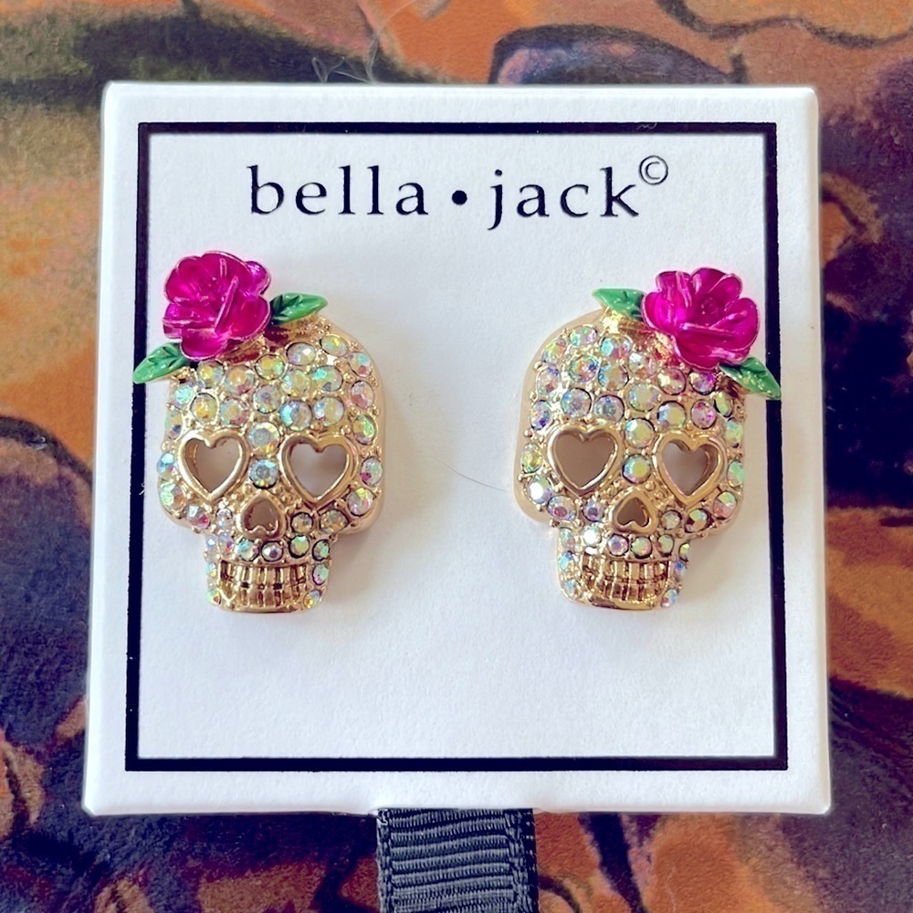 Brand New Bella Jack Halloween Skull w/ Rose Rhinestone Crystal Post Earrings